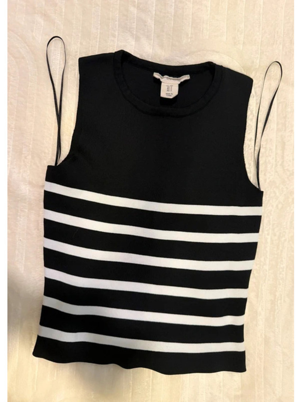 Top Negro con Rayas Blancas Punto Canalé Sin Mangas - Talla S